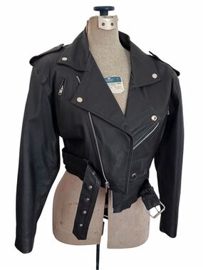 Vintage Wilsons Leather Black Cropped Moto Jacket Belted Coat Small